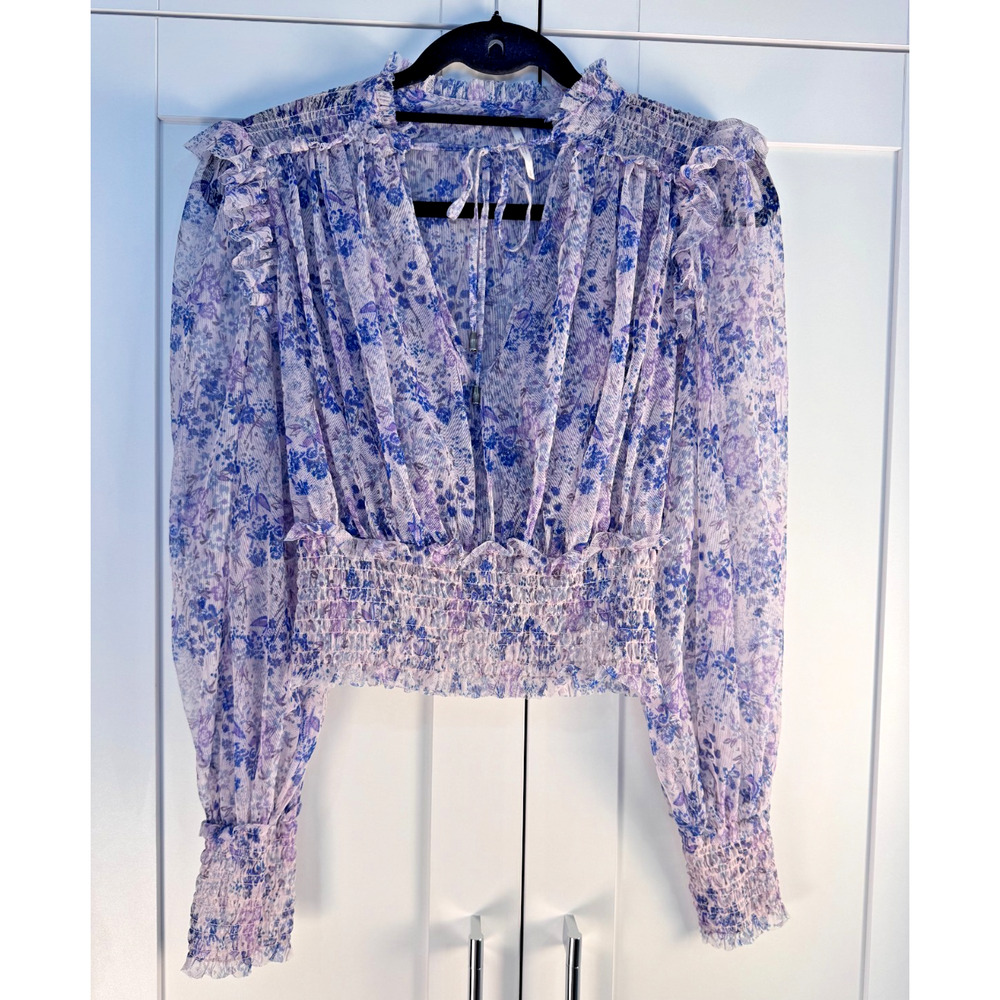 Free People Twyla Top Women’s Small Smocked Floral Mesh Sheer Long Sleeve Lilac